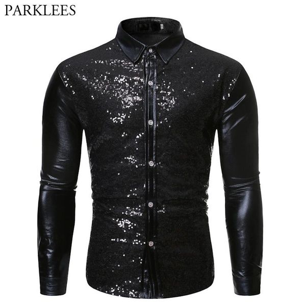 men's casual shirts black metallic sequin patchwork shirt men 2021 nightclub style disco dance dress mens halloween party prom chemise, White;black
men's casual shirts black metallic sequin patchwork shirt men 2021 nightclub style disco dance dress mens halloween party prom chemise, White;black
