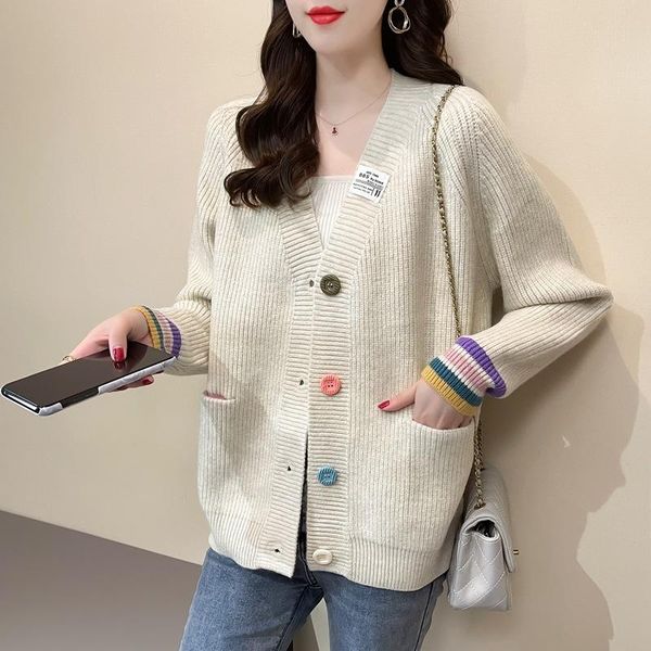 women's knits & tees 2021 autumn sweater cardigan single breasted button up loose knitted clothing rainbow outer wear, White 
women's knits & tees 2021 autumn sweater cardigan single breasted button up loose knitted clothing rainbow outer wear, White