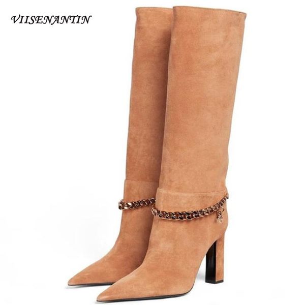 boots high-quality metal chain thick heel pointed toe high knight genuine leather catwalk sleeve mature knee-length, Black
boots high-quality metal chain thick heel pointed toe high knight genuine leather catwalk sleeve mature knee-length, Black