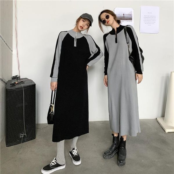 chic casual winter oversize straight sweater dress women stand collar zipper thick knit long dresses female loose maxi, Black;gray 
chic casual winter oversize straight sweater dress women stand collar zipper thick knit long dresses female loose maxi, Black;gray