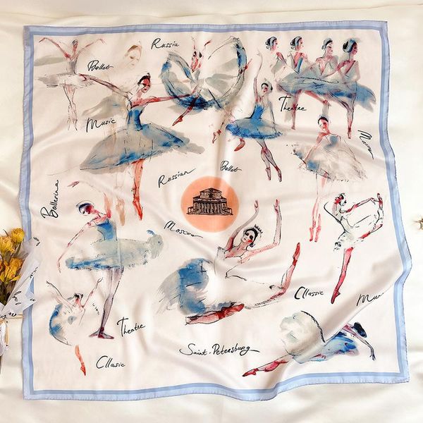 scarves elegant women square scarf digital print hand rolled silk shawl ballet girl dancing pattern wrap ladies head accessories 90*90cm, Blue;gray 
scarves elegant women square scarf digital print hand rolled silk shawl ballet girl dancing pattern wrap ladies head accessories 90*90cm, Blue;gray