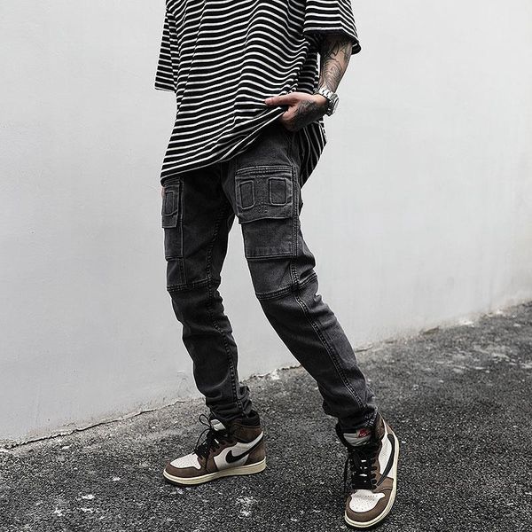 men's jeans harajuku high street black gray stretch male retro washed multi-pocket denim trousers hip hop ripped pants overalls, Blue
men's jeans harajuku high street black gray stretch male retro washed multi-pocket denim trousers hip hop ripped pants overalls, Blue