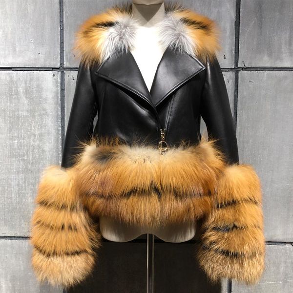 women's leather & faux ladies genuine and fur jacket with big collar sleeve line, Black
women's leather & faux ladies genuine and fur jacket with big collar sleeve line, Black