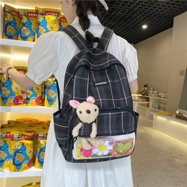 school bags fashion women's backpack nylon waterproof plaid schoolbag for girls cute doll large-capacity travel backpacks 2021
school bags fashion women's backpack nylon waterproof plaid schoolbag for girls cute doll large-capacity travel backpacks 2021