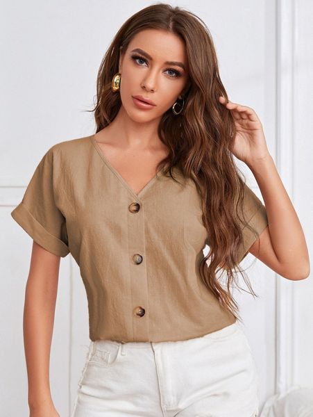 v-neck cuffed sleeve button placket blouse m0cb#, White