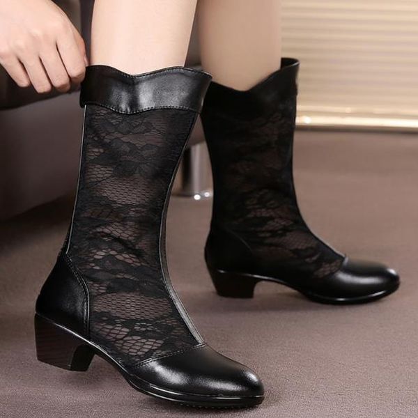boots spring and summer fashion leather mid-tube mesh shoes round toe hollow lace dance thick heel mid-heel female sandals, Black
boots spring and summer fashion leather mid-tube mesh shoes round toe hollow lace dance thick heel mid-heel female sandals, Black