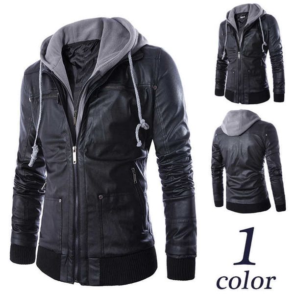 men's motorcycle jacket casual slim fake two pieces faux leather coat zipper pocket hooded pu jacket men's pu leather jackets 2110, Black
men's motorcycle jacket casual slim fake two pieces faux leather coat zipper pocket hooded pu jacket men's pu leather jackets 2110, Black