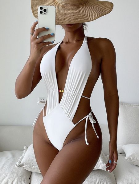 cut-out bead decor plunging one piece swimsuit r9mx#, White;black
cut-out bead decor plunging one piece swimsuit r9mx#, White;black