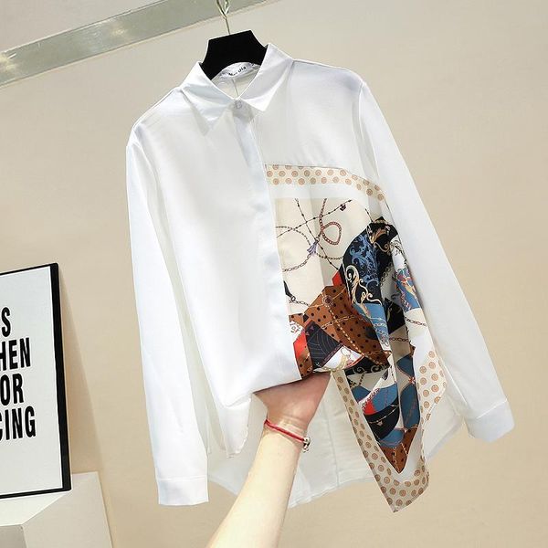 women's blouses & shirts spring autumn blouse korean style retro lapel stitching printed long-sleeved casual loose female de774, White
women's blouses & shirts spring autumn blouse korean style retro lapel stitching printed long-sleeved casual loose female de774, White