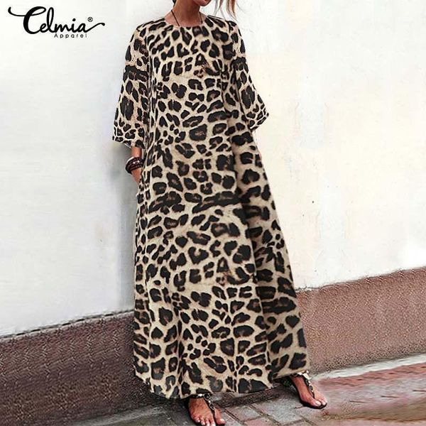 women summer long maxi dress vintage leopard print 2021 celmia female casual o neck 3/4 sleeve loose party vestidos s-5xl1, Black;gray 
women summer long maxi dress vintage leopard print 2021 celmia female casual o neck 3/4 sleeve loose party vestidos s-5xl1, Black;gray