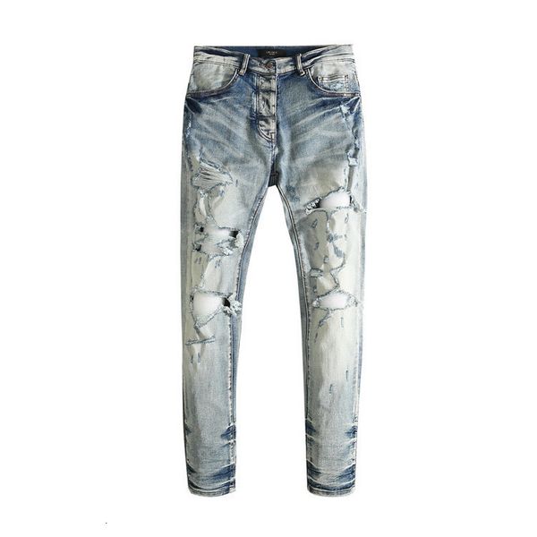 new am tide brand washing water big hole beggar old slim fit jeans men's high street, Blue
new am tide brand washing water big hole beggar old slim fit jeans men's high street, Blue