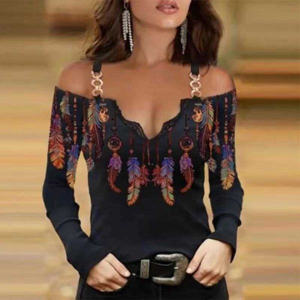 western print new v-neck women's long sleeve t-shirt in spring and summer 2021, White
western print new v-neck women's long sleeve t-shirt in spring and summer 2021, White