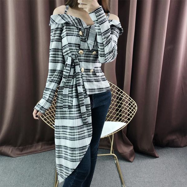 women's suits & blazers off shoulder black white checkec plaid double breast blazer female jacket slash neck long sleeve irregular hem, White;black
women's suits & blazers off shoulder black white checkec plaid double breast blazer female jacket slash neck long sleeve irregular hem, White;black