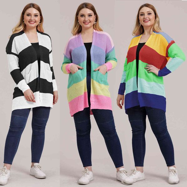 women's plus size autumn and winter large color stripe contrast stitching woven sweater cardigan coat 190779
women's plus size autumn and winter large color stripe contrast stitching woven sweater cardigan coat 190779
