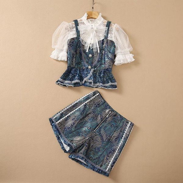 women's tracksuits european and american wear for summer 2021 short sleeved shirt with lace bow peacock feather print shorts fashion su, Gray
women's tracksuits european and american wear for summer 2021 short sleeved shirt with lace bow peacock feather print shorts fashion su, Gray