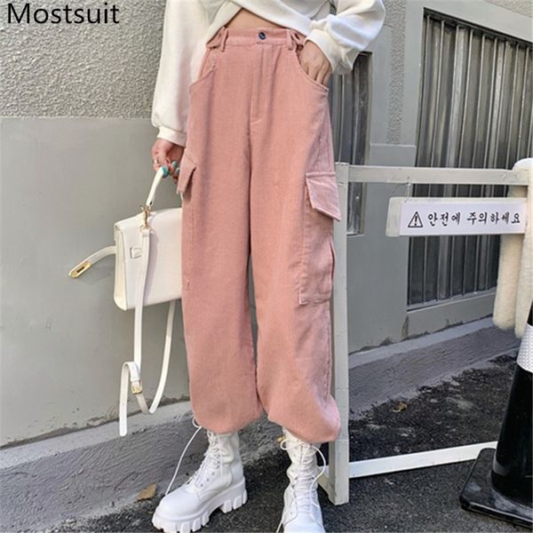 high waist corduroy women cargo pants spring casual fashion wide leg safari style korean streetwear jogger trouers 210514, Black;white
high waist corduroy women cargo pants spring casual fashion wide leg safari style korean streetwear jogger trouers 210514, Black;white