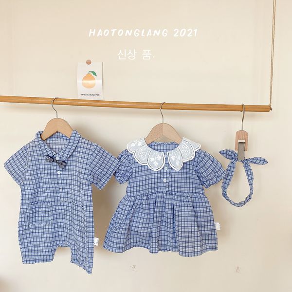 2022 summer children creeping suit lattice short sleeve cute brother and sister romper short girls with hair belt, Blue
2022 summer children creeping suit lattice short sleeve cute brother and sister romper short girls with hair belt, Blue