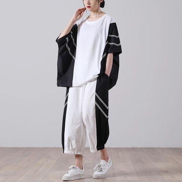 women's two piece pants superaen summer 2021 loose plus size strip splicing short sleeve casual suit female, White
women's two piece pants superaen summer 2021 loose plus size strip splicing short sleeve casual suit female, White