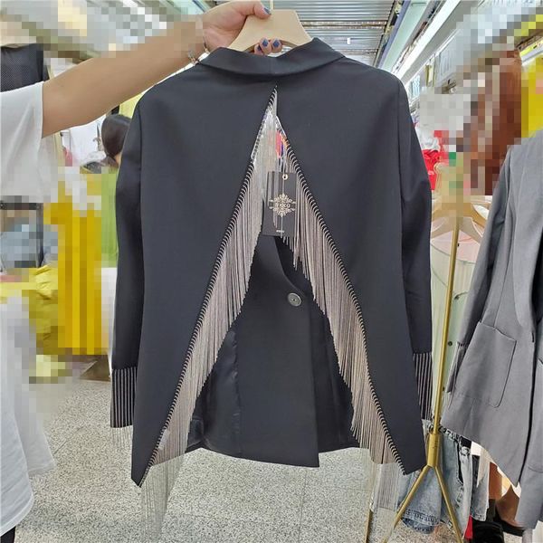 women's suits & blazers woman casual suit personality backless irregular chain tassel decoration one button jacket women, White;black
women's suits & blazers woman casual suit personality backless irregular chain tassel decoration one button jacket women, White;black