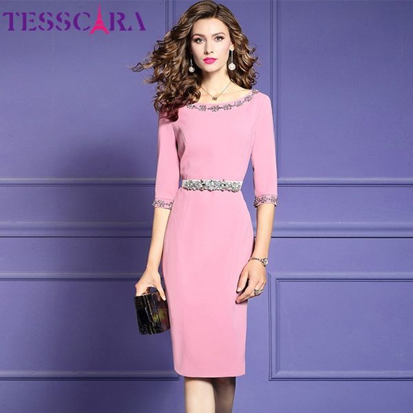 

TESSCARA Women Luxury Beading Dress Festa High Quality Elegant Office Cocktail Party Robe Femme Designer Pink Pencil Vestidos, Black