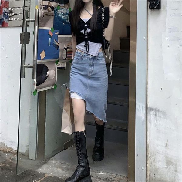 women's ripped denim skirts high waist asymmetric holes jean skirt with tassels and belt chic streetwear distressed for female, Black 
women's ripped denim skirts high waist asymmetric holes jean skirt with tassels and belt chic streetwear distressed for female, Black