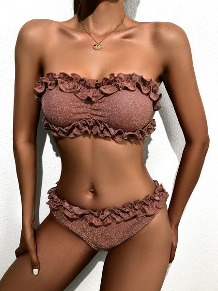 women's swimwear summer women 2 pieces split shiny bikinis set ruffle sleeveless tube crop strapless +swim trunks bathing suit, White;black
women's swimwear summer women 2 pieces split shiny bikinis set ruffle sleeveless tube crop strapless +swim trunks bathing suit, White;black