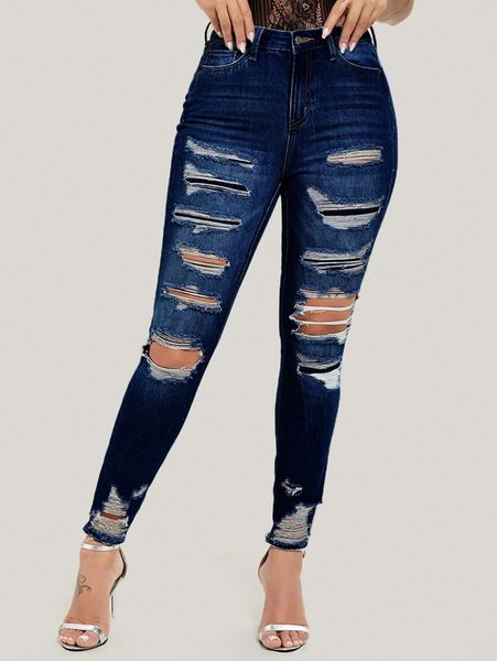 high waist raw hem ripped skinny jeans c7q3#, Blue