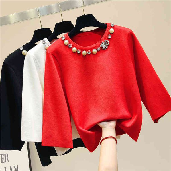 women's sweaters handmade beading diamonds knitted sweater women o-neck crop cute half sleeve pullover 2021 spring autumn arri, White;black
women's sweaters handmade beading diamonds knitted sweater women o-neck crop cute half sleeve pullover 2021 spring autumn arri, White;black