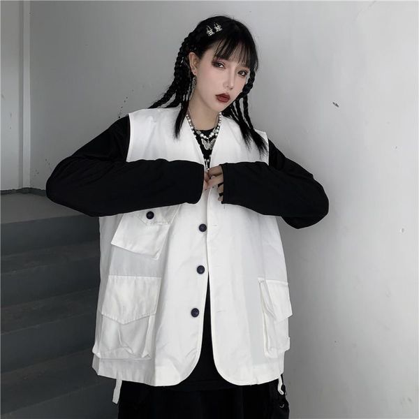 women's vests the old style waistcoat ins personality multi - pocket overalls for women, Black;white
women's vests the old style waistcoat ins personality multi - pocket overalls for women, Black;white
