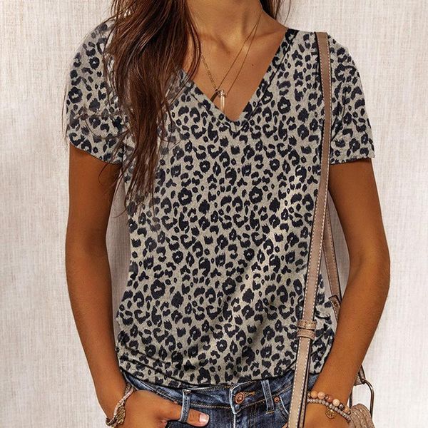 women's t-shirt leopard print v-neck short-sleeved women camouflage loose thin european american simple t-shirts woman, White
women's t-shirt leopard print v-neck short-sleeved women camouflage loose thin european american simple t-shirts woman, White