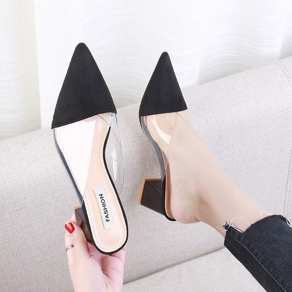 slippers summer ladies shoes transparent fashion pointed toe flock square high heels slides women woman mules1, Black
slippers summer ladies shoes transparent fashion pointed toe flock square high heels slides women woman mules1, Black