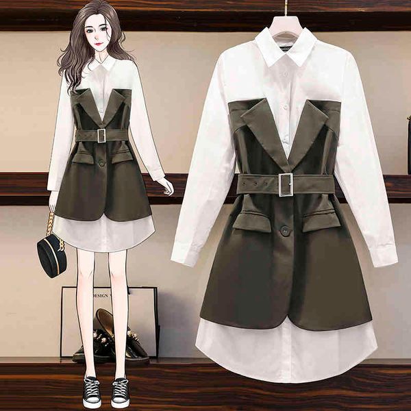plus size woman spring white shirt fake two picese dress ladies turn down collar designer long sleeve single breasted slim dress 210514, Black;gray
plus size woman spring white shirt fake two picese dress ladies turn down collar designer long sleeve single breasted slim dress 210514, Black;gray