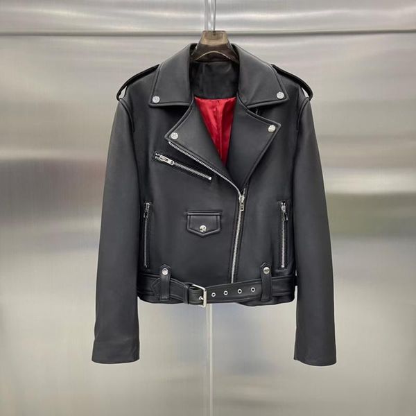 women's leather & faux luxurious women coat spring short length locomotive model real sheepskin jacket back letter pattern red lining, Black
women's leather & faux luxurious women coat spring short length locomotive model real sheepskin jacket back letter pattern red lining, Black