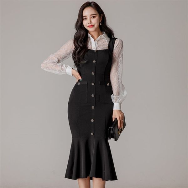 spring women two piece sets lace long sleeve shirt and elegant black bodycon single-breasted female slim mermaid dress 210519, Black;gray
spring women two piece sets lace long sleeve shirt and elegant black bodycon single-breasted female slim mermaid dress 210519, Black;gray