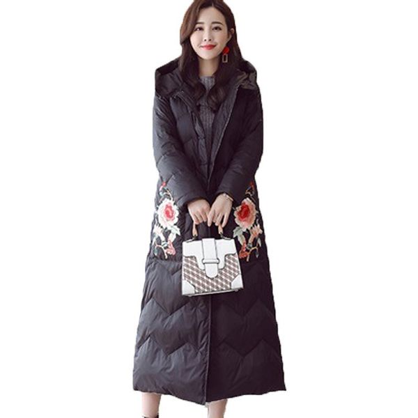 women's down & parkas embroidery vintage casual cotton padded clothes chinese national style parka hat long winter coat women j803 o1hm, Black
women's down & parkas embroidery vintage casual cotton padded clothes chinese national style parka hat long winter coat women j803 o1hm, Black