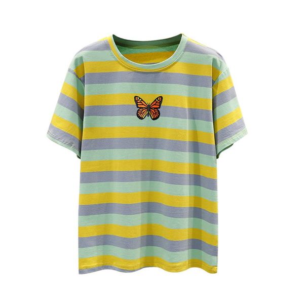 women's t-shirt cotton butterfly embroidery short-sleeved striped student trendy summer fashion, White
women's t-shirt cotton butterfly embroidery short-sleeved striped student trendy summer fashion, White