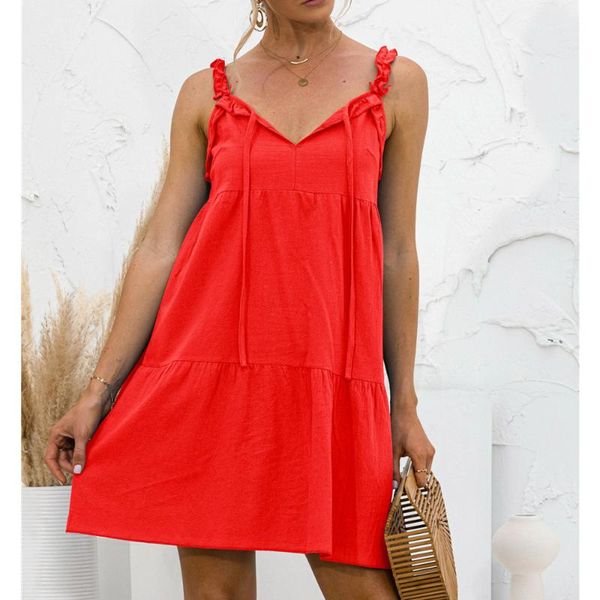 casual dresses women mini dress ruffles spaghetti strap v neck doll loose solid color female summer short red streetwear, Black;gray
casual dresses women mini dress ruffles spaghetti strap v neck doll loose solid color female summer short red streetwear, Black;gray