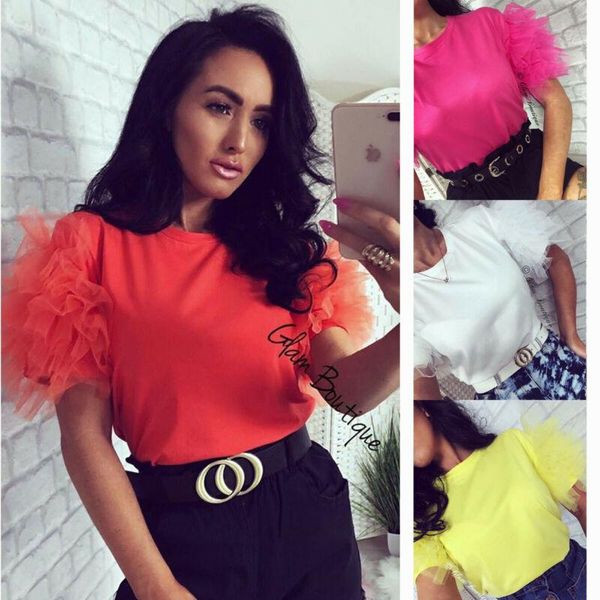 women summer tulle ruffle short mesh tee sleeve t-shirt ladies loose casual crew neck club party wear shirt women's, White
women summer tulle ruffle short mesh tee sleeve t-shirt ladies loose casual crew neck club party wear shirt women's, White