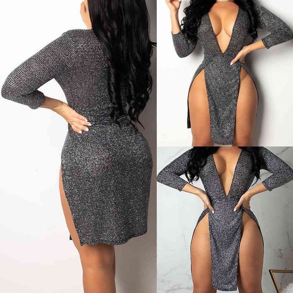 women high side split night clubwear short femael long sleeve low cut deep v neck bodycon slim fit party wear dress, Black;gray
women high side split night clubwear short femael long sleeve low cut deep v neck bodycon slim fit party wear dress, Black;gray