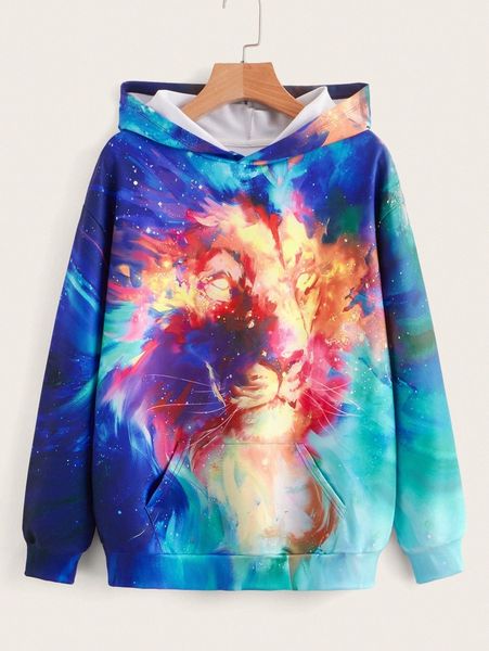 lion print drop shoulder hoodie j0du#, White;black 
lion print drop shoulder hoodie j0du#, White;black