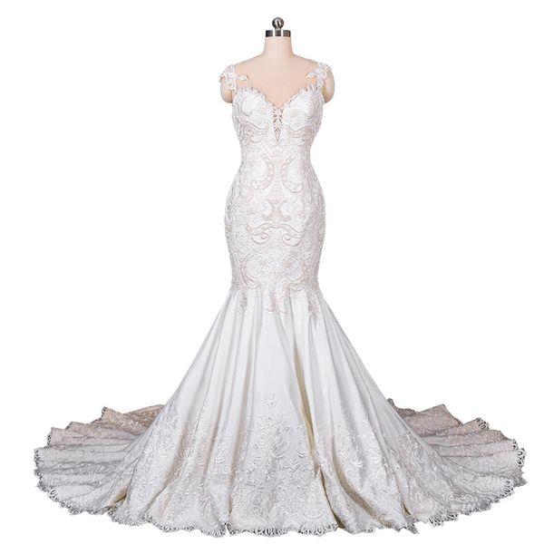 beautiful mermaid wedding dress sweep train v-neck lace appliques high-end custom made bridal robes, White
beautiful mermaid wedding dress sweep train v-neck lace appliques high-end custom made bridal robes, White