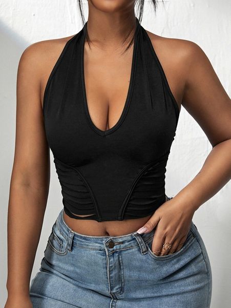 sxy solid tie backless crop halter 51be#, White