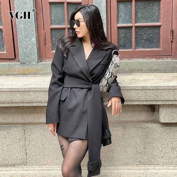 women's suits & blazers vgh casual temperament lace up blazer female notched long sleeve gathered waist korean fashion coats for women, White;black
women's suits & blazers vgh casual temperament lace up blazer female notched long sleeve gathered waist korean fashion coats for women, White;black