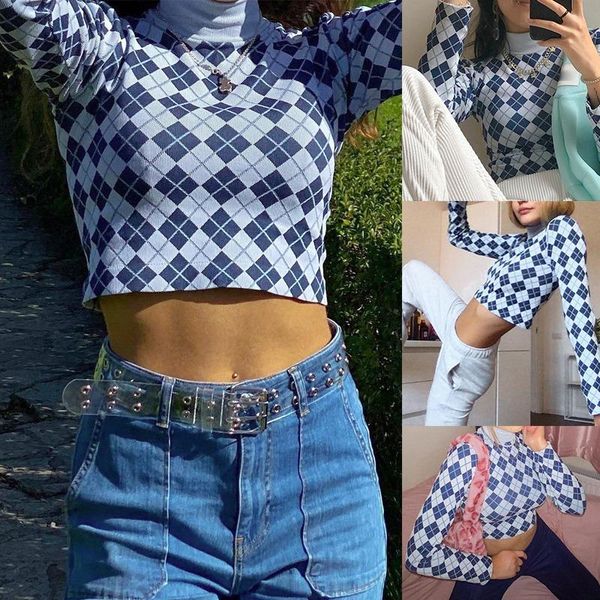 women's t-shirt long sleeve o-neck vintage argyle print ribbed t shirt women fashion streetwear casual clothes, White
women's t-shirt long sleeve o-neck vintage argyle print ribbed t shirt women fashion streetwear casual clothes, White