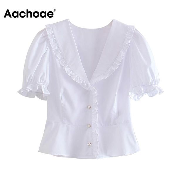 women's blouses & shirts aachoae summer women elegant v neck single breasted crop blouse chic butterfly sleeve ruffle female solid casu, White
women's blouses & shirts aachoae summer women elegant v neck single breasted crop blouse chic butterfly sleeve ruffle female solid casu, White