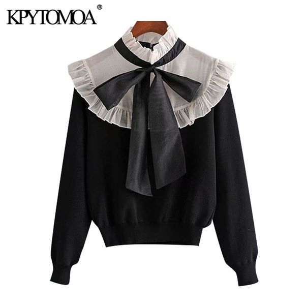 women fashion organza patchwork ruffled knitted sweater vintage high collar bow tied female pullovers chic 210421, White;black
women fashion organza patchwork ruffled knitted sweater vintage high collar bow tied female pullovers chic 210421, White;black