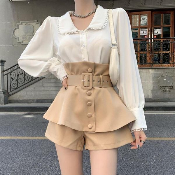 women's two piece pants fashion blouse set women lace trim lantern long sleeve shirt + high waist ruffled girdle shorts sets autumn, White
women's two piece pants fashion blouse set women lace trim lantern long sleeve shirt + high waist ruffled girdle shorts sets autumn, White