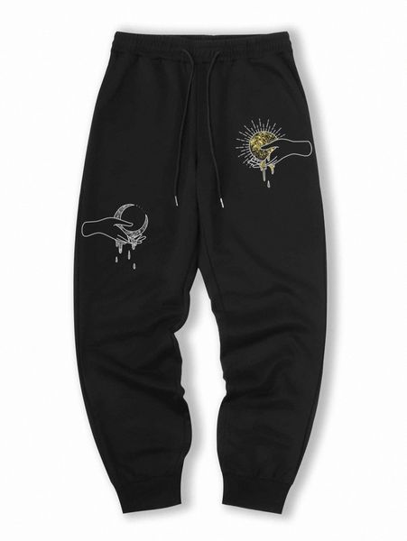 romwe guys hand sun and moon print drawstring sweatpants i83p#, Black