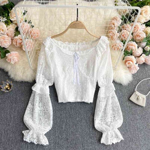 women sweet lace puff sleeve fungus shirt solid color slash neck slim short fashion spring summer 11b764 210525, White 
women sweet lace puff sleeve fungus shirt solid color slash neck slim short fashion spring summer 11b764 210525, White