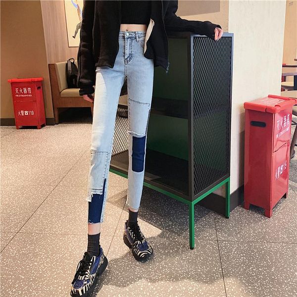 women's jeans spring retro contrast color skinny feet high waist women, Blue
women's jeans spring retro contrast color skinny feet high waist women, Blue